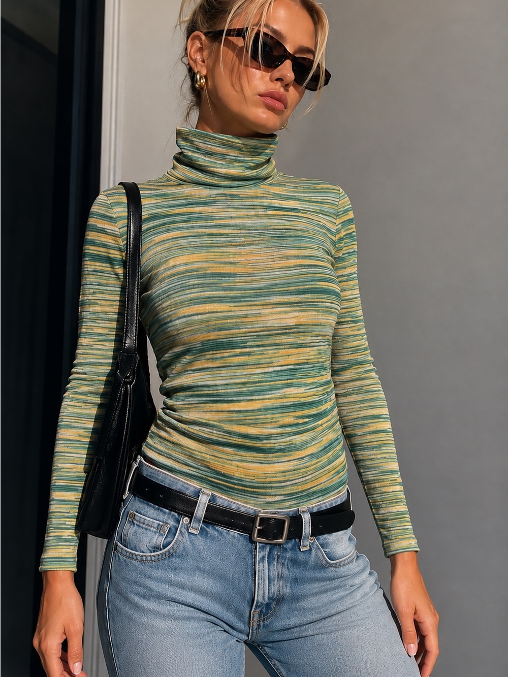 Authentic Vintage Andrew St John Striped Green & Yellow Turtleneck Top, small